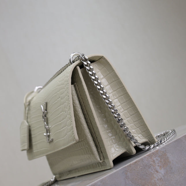 YSL 25S SUNSET MEDIUM 22 IN IVORY CROCODILE-EMBOSSED SHINY CALFSKIN SILVER HARDWRE