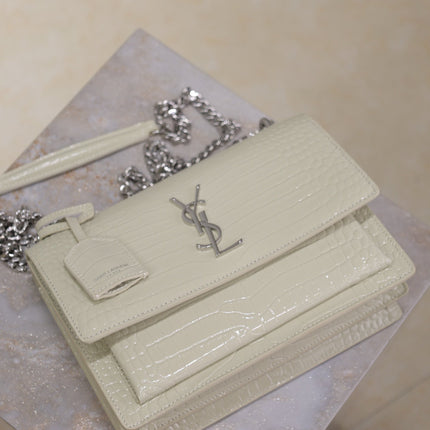 YSL 25S SUNSET MEDIUM 22 IN IVORY CROCODILE-EMBOSSED SHINY CALFSKIN SILVER HARDWRE