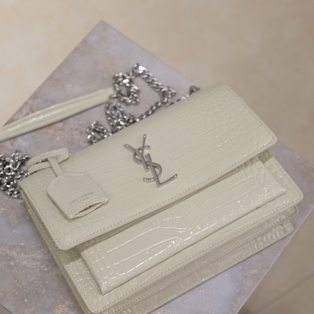YSL 25S SUNSET MEDIUM 22 IN IVORY CROCODILE-EMBOSSED SHINY CALFSKIN SILVER HARDWRE