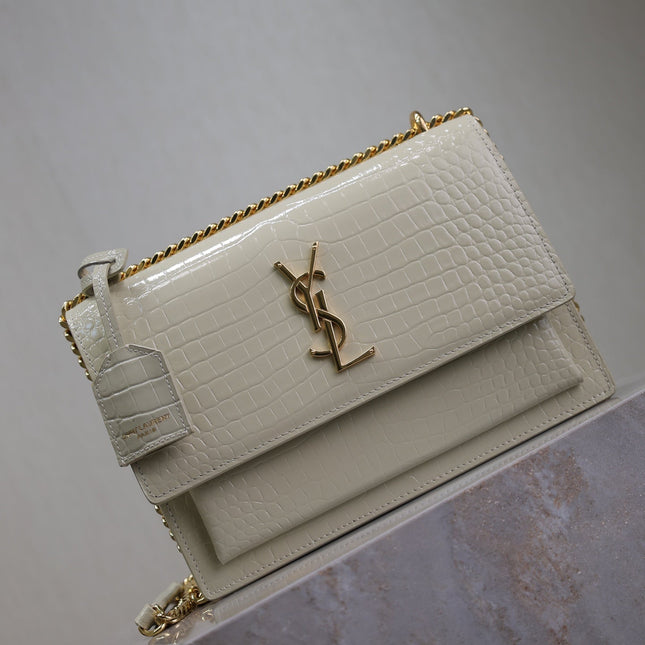 YSL 25S SUNSET MEDIUM 22 IN IVORY CROCODILE-EMBOSSED SHINY CALFSKIN GOLD HARDWRE