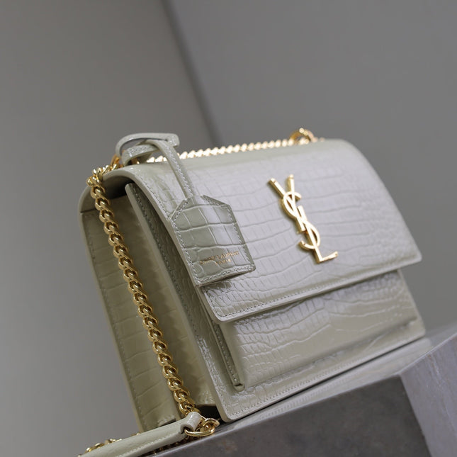 YSL 25S SUNSET MEDIUM 22 IN IVORY CROCODILE-EMBOSSED SHINY CALFSKIN GOLD HARDWRE
