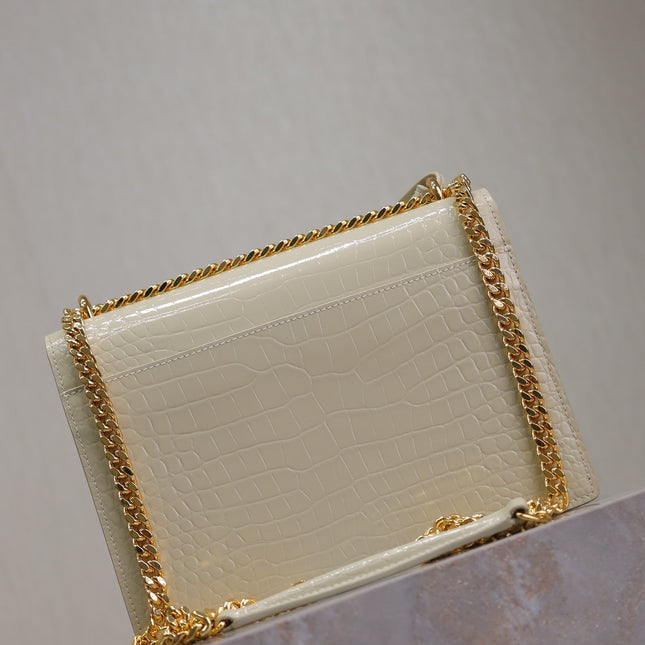 YSL 25S SUNSET MEDIUM 22 IN IVORY CROCODILE-EMBOSSED SHINY CALFSKIN GOLD HARDWRE