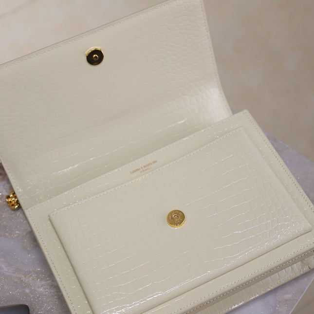 YSL 25S SUNSET MEDIUM 22 IN IVORY CROCODILE-EMBOSSED SHINY CALFSKIN GOLD HARDWRE