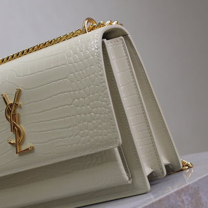 YSL 25S SUNSET MEDIUM 22 IN IVORY CROCODILE-EMBOSSED SHINY CALFSKIN GOLD HARDWRE