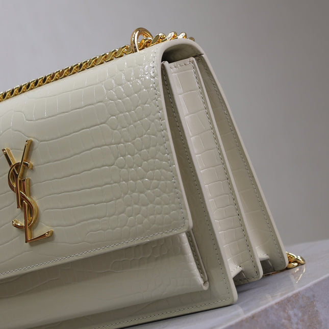 YSL 25S SUNSET MEDIUM 22 IN IVORY CROCODILE-EMBOSSED SHINY CALFSKIN GOLD HARDWRE