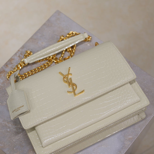 YSL 25S SUNSET MEDIUM 22 IN IVORY CROCODILE-EMBOSSED SHINY CALFSKIN GOLD HARDWRE