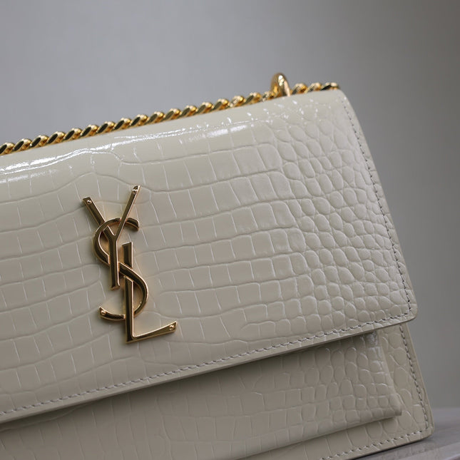 YSL 25S SUNSET MEDIUM 22 IN IVORY CROCODILE-EMBOSSED SHINY CALFSKIN GOLD HARDWRE