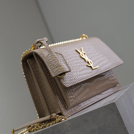 YSL 25S SUNSET MEDIUM 22 IN NUDE CROCODILE-EMBOSSED SHINY CALFSKIN GOLD HARDWRE