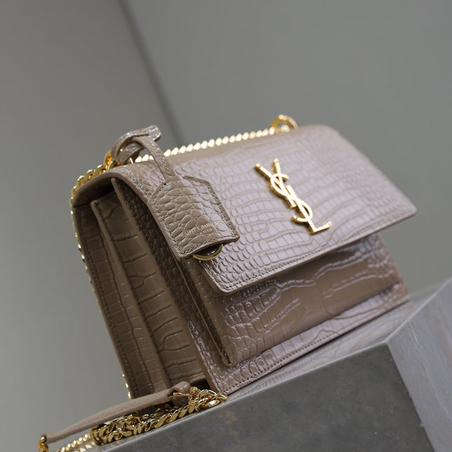 YSL 25S SUNSET MEDIUM 22 IN NUDE CROCODILE-EMBOSSED SHINY CALFSKIN GOLD HARDWRE
