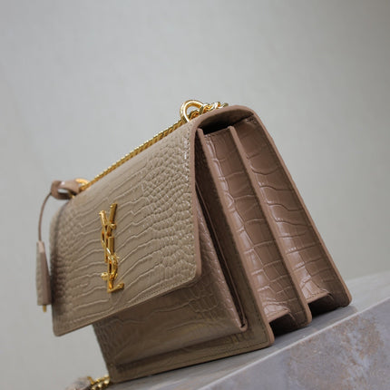 YSL 25S SUNSET MEDIUM 22 IN NUDE CROCODILE-EMBOSSED SHINY CALFSKIN GOLD HARDWRE