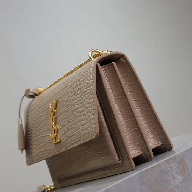 YSL 25S SUNSET MEDIUM 22 IN NUDE CROCODILE-EMBOSSED SHINY CALFSKIN GOLD HARDWRE