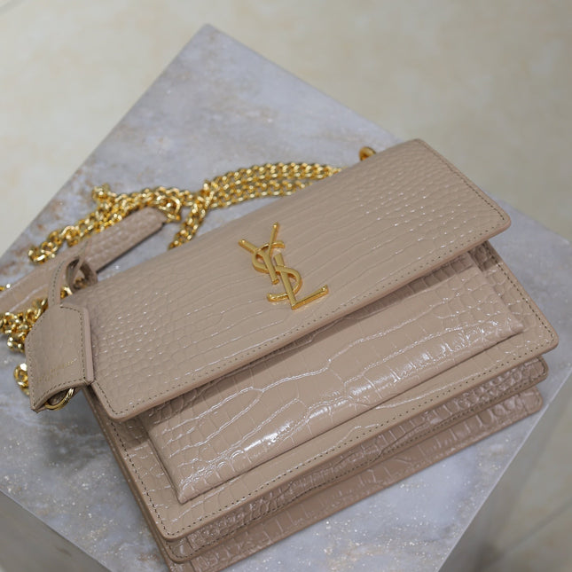 YSL 25S SUNSET MEDIUM 22 IN NUDE CROCODILE-EMBOSSED SHINY CALFSKIN GOLD HARDWRE