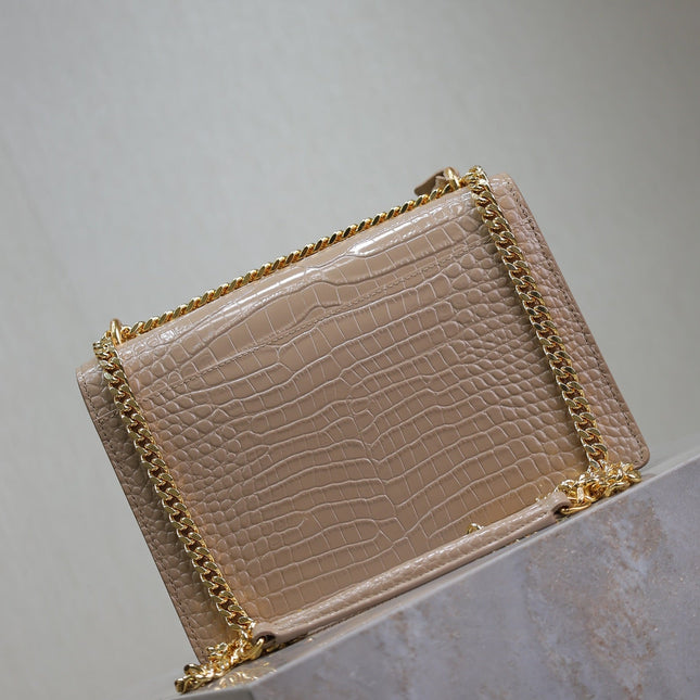YSL 25S SUNSET MEDIUM 22 IN NUDE CROCODILE-EMBOSSED SHINY CALFSKIN GOLD HARDWRE