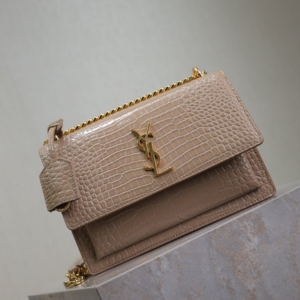 YSL 25S SUNSET MEDIUM 22 IN NUDE CROCODILE-EMBOSSED SHINY CALFSKIN GOLD HARDWRE