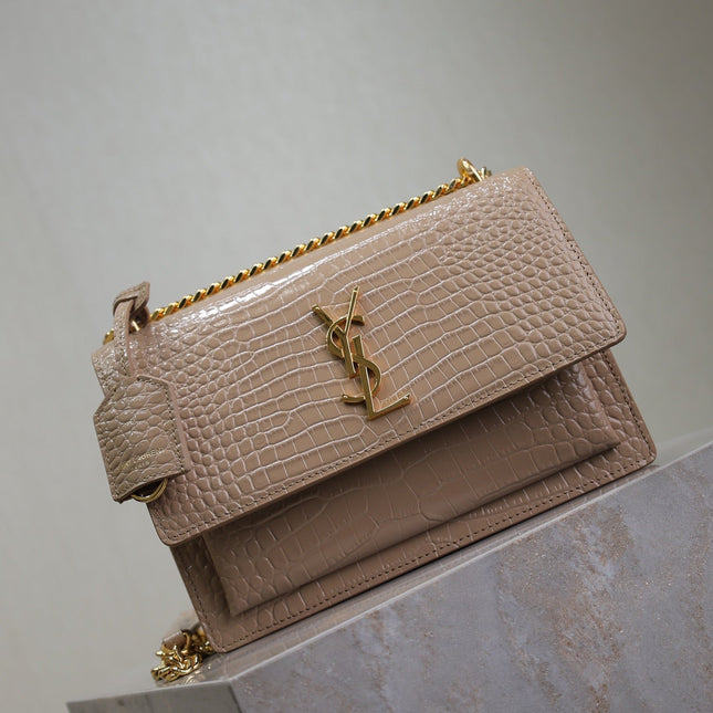 YSL 25S SUNSET MEDIUM 22 IN NUDE CROCODILE-EMBOSSED SHINY CALFSKIN GOLD HARDWRE