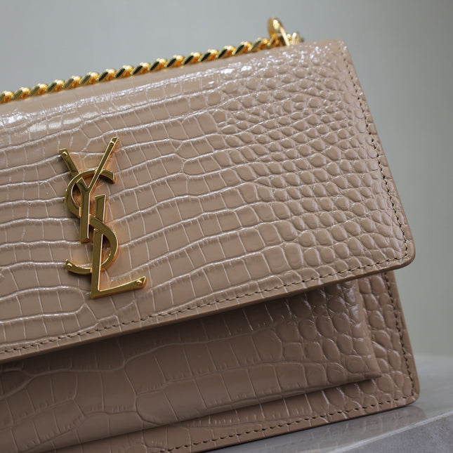 YSL 25S SUNSET MEDIUM 22 IN NUDE CROCODILE-EMBOSSED SHINY CALFSKIN GOLD HARDWRE