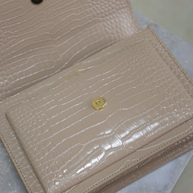 YSL 25S SUNSET MEDIUM 22 IN NUDE CROCODILE-EMBOSSED SHINY CALFSKIN GOLD HARDWRE