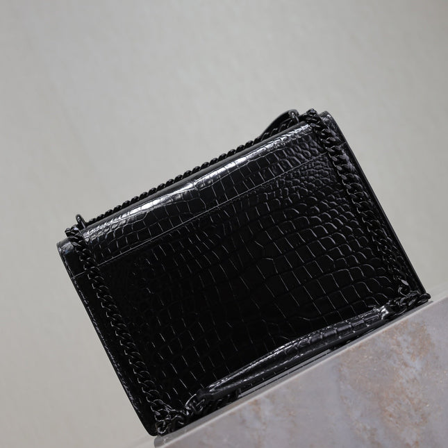YSL 25S SUNSET MEDIUM 22 IN BLACK CROCODILE-EMBOSSED SHINY CALFSKIN BLACK HARDWRE