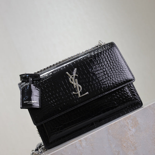 YSL 25S SUNSET MEDIUM 22 IN BLACK CROCODILE-EMBOSSED SHINY CALFSKIN SILVER HARDWRE