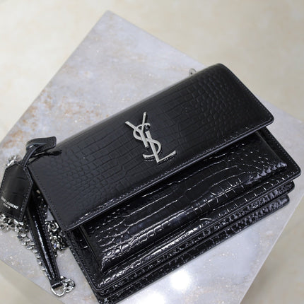 YSL 25S SUNSET MEDIUM 22 IN BLACK CROCODILE-EMBOSSED SHINY CALFSKIN SILVER HARDWRE