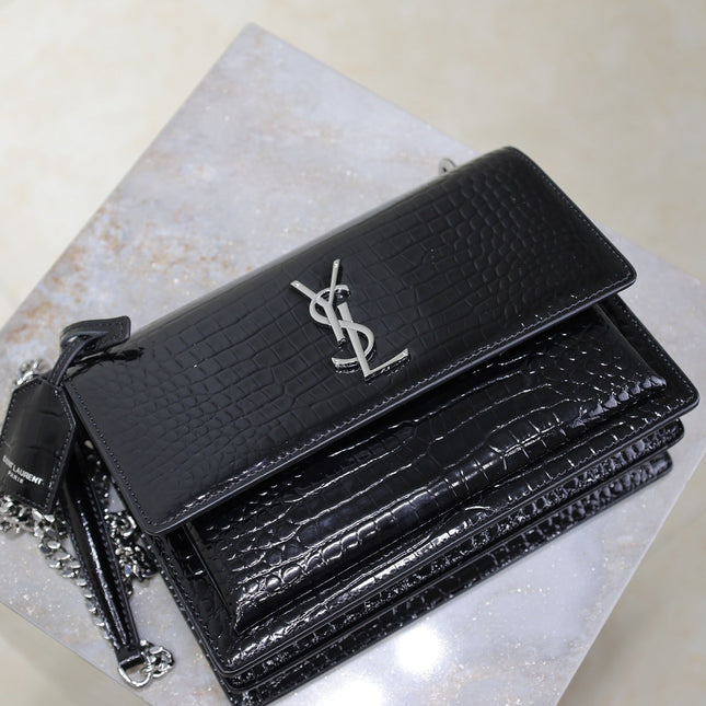 YSL 25S SUNSET MEDIUM 22 IN BLACK CROCODILE-EMBOSSED SHINY CALFSKIN SILVER HARDWRE