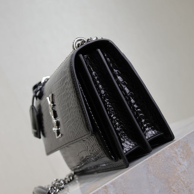 YSL 25S SUNSET MEDIUM 22 IN BLACK CROCODILE-EMBOSSED SHINY CALFSKIN SILVER HARDWRE