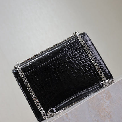 YSL 25S SUNSET MEDIUM 22 IN BLACK CROCODILE-EMBOSSED SHINY CALFSKIN SILVER HARDWRE