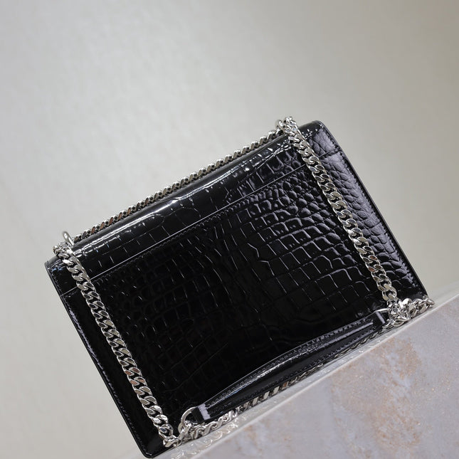 YSL 25S SUNSET MEDIUM 22 IN BLACK CROCODILE-EMBOSSED SHINY CALFSKIN SILVER HARDWRE
