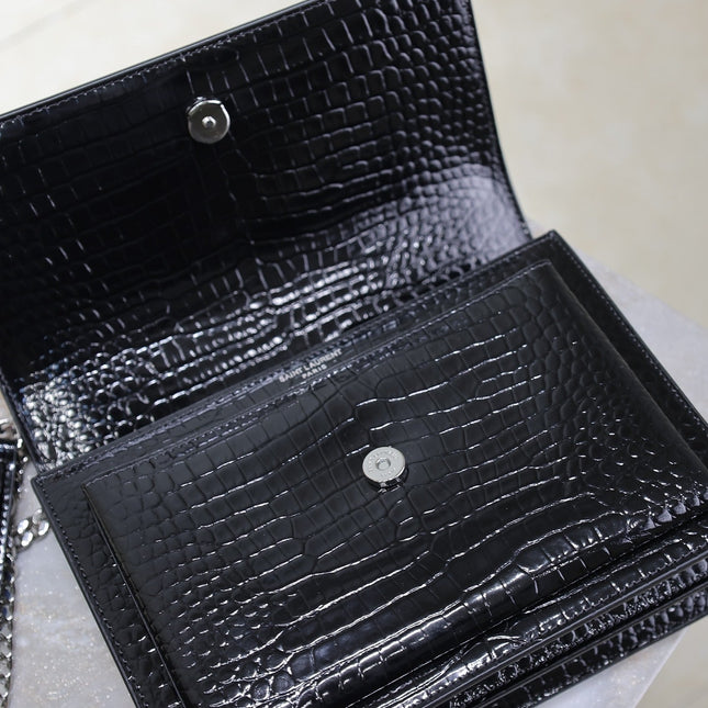 YSL 25S SUNSET MEDIUM 22 IN BLACK CROCODILE-EMBOSSED SHINY CALFSKIN SILVER HARDWRE