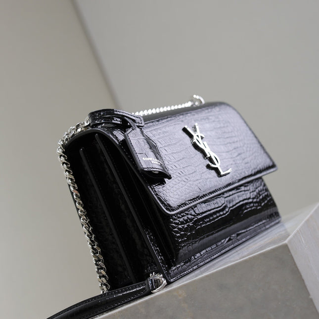 YSL 25S SUNSET MEDIUM 22 IN BLACK CROCODILE-EMBOSSED SHINY CALFSKIN SILVER HARDWRE