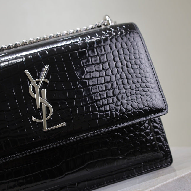 YSL 25S SUNSET MEDIUM 22 IN BLACK CROCODILE-EMBOSSED SHINY CALFSKIN SILVER HARDWRE