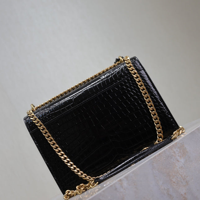 YSL 25S SUNSET MEDIUM 22 IN BLACK CROCODILE-EMBOSSED SHINY CALFSKIN GOLD HARDWRE