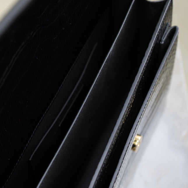YSL 25S SUNSET MEDIUM 22 IN BLACK CROCODILE-EMBOSSED SHINY CALFSKIN GOLD HARDWRE