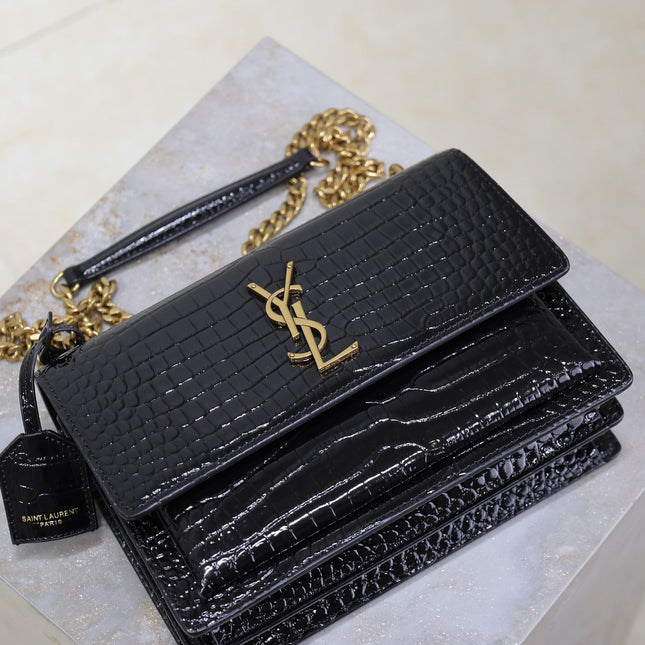 YSL 25S SUNSET MEDIUM 22 IN BLACK CROCODILE-EMBOSSED SHINY CALFSKIN GOLD HARDWRE