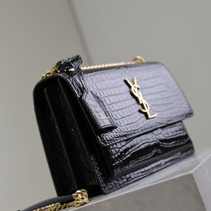 YSL 25S SUNSET MEDIUM 22 IN BLACK CROCODILE-EMBOSSED SHINY CALFSKIN GOLD HARDWRE