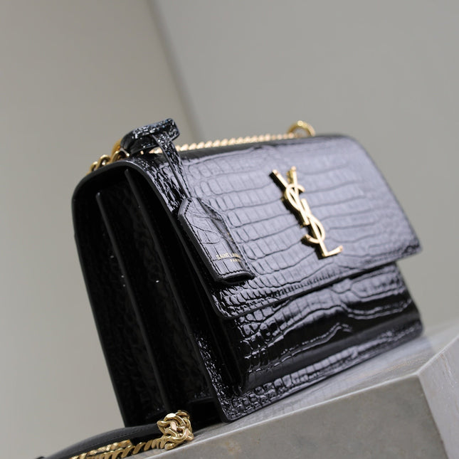 YSL 25S SUNSET MEDIUM 22 IN BLACK CROCODILE-EMBOSSED SHINY CALFSKIN GOLD HARDWRE