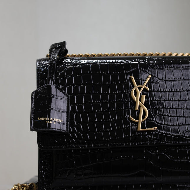 YSL 25S SUNSET MEDIUM 22 IN BLACK CROCODILE-EMBOSSED SHINY CALFSKIN GOLD HARDWRE