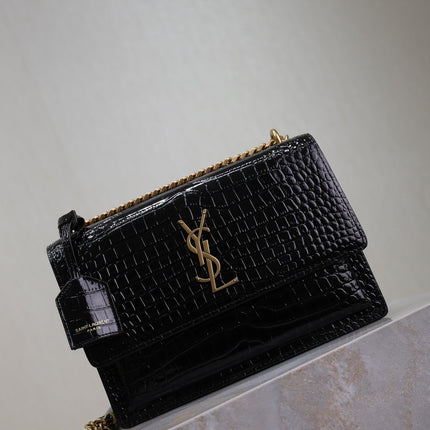 YSL 25S SUNSET MEDIUM 22 IN BLACK CROCODILE-EMBOSSED SHINY CALFSKIN GOLD HARDWRE
