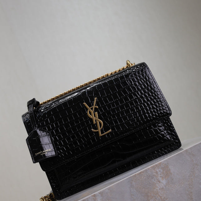 YSL 25S SUNSET MEDIUM 22 IN BLACK CROCODILE-EMBOSSED SHINY CALFSKIN GOLD HARDWRE