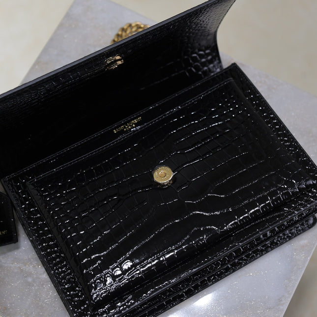 YSL 25S SUNSET MEDIUM 22 IN BLACK CROCODILE-EMBOSSED SHINY CALFSKIN GOLD HARDWRE