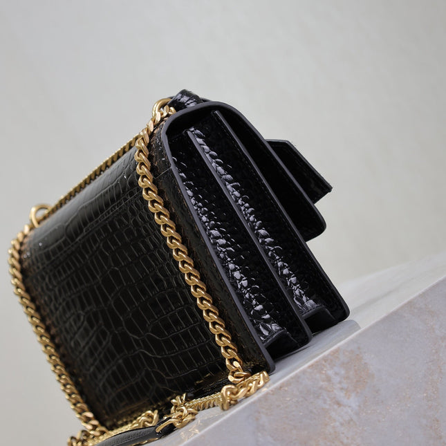 YSL 25S SUNSET MEDIUM 22 IN BLACK CROCODILE-EMBOSSED SHINY CALFSKIN GOLD HARDWRE