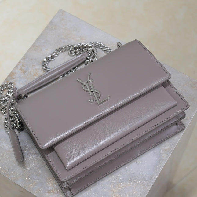 YSL 25S SUNSET BAG 22 IN DARK PURPLE CALFSKIN SILVER HARDWRE