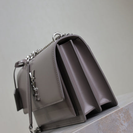 YSL 25S SUNSET BAG 22 IN DARK PURPLE CALFSKIN SILVER HARDWRE