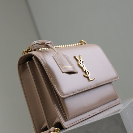 YSL 25S SUNSET BAG 22 IN WARM TAUPE PINK CALFSKIN GOLD HARDWRE