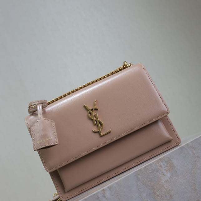 YSL 25S SUNSET BAG 22 IN WARM TAUPE PINK CALFSKIN GOLD HARDWRE