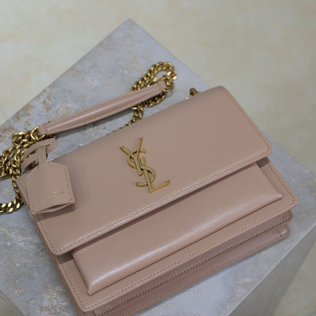 YSL 25S SUNSET BAG 22 IN WARM TAUPE PINK CALFSKIN GOLD HARDWRE