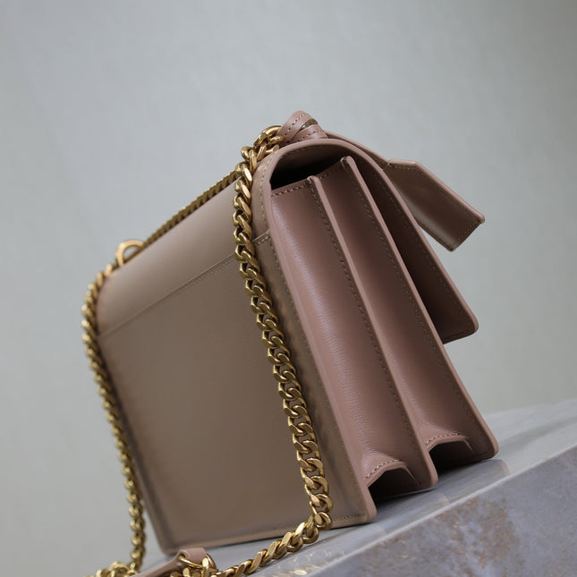 YSL 25S SUNSET BAG 22 IN WARM TAUPE PINK CALFSKIN GOLD HARDWRE