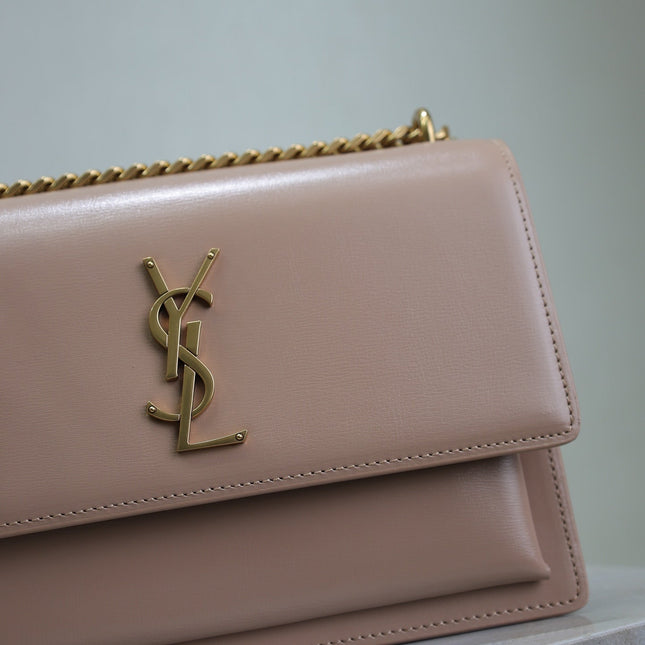 YSL 25S SUNSET BAG 22 IN WARM TAUPE PINK CALFSKIN GOLD HARDWRE