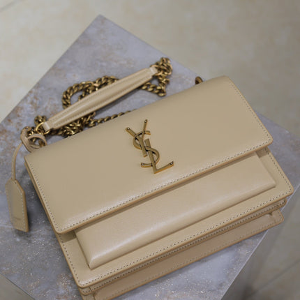 YSL 25S SUNSET BAG 22 IN NUDE CALFSKIN GOLD HARDWRE