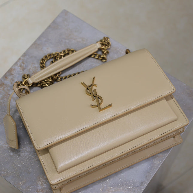 YSL 25S SUNSET BAG 22 IN NUDE CALFSKIN GOLD HARDWRE